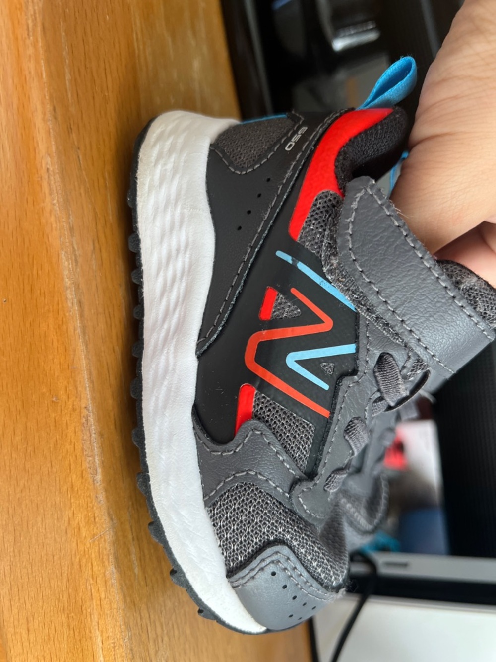 Kids Grey Athletic Sneakers with Red & Blue Accents